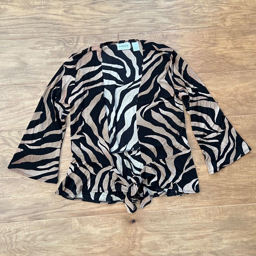 Chico's Travelers Wrap Tie Front Blouse Size 0 (S/4) Zebra Print Tan/Black